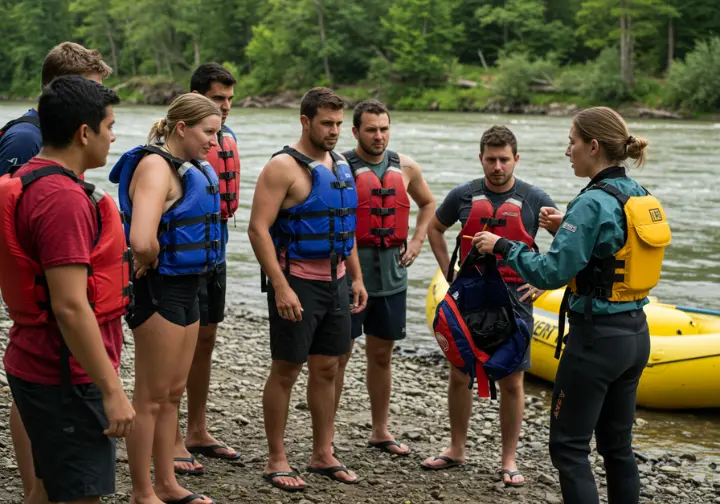 River guide demonstrating proper life vest use to rafters before a trip on the American River.