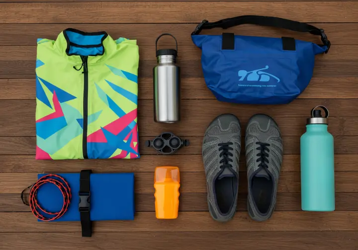 Essential gear for a Savegre River rafting trip, including clothing, shoes, and safety items.