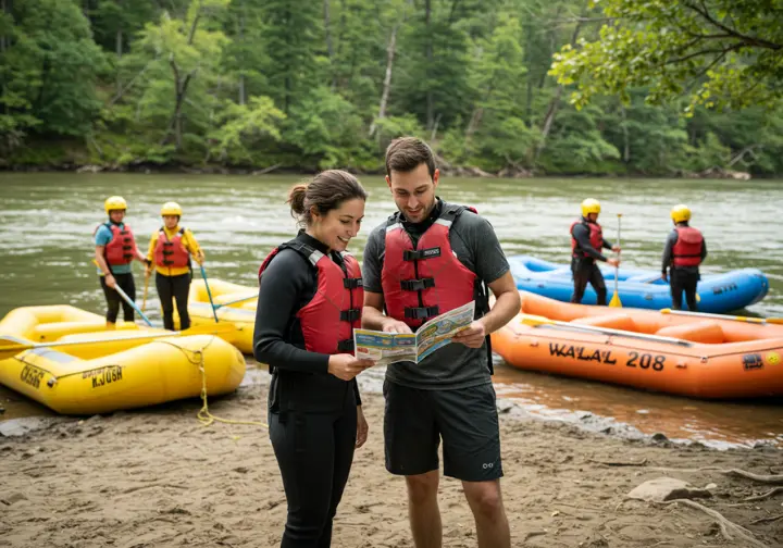 People selecting a rafting outfitter on the American River, reviewing options and information.