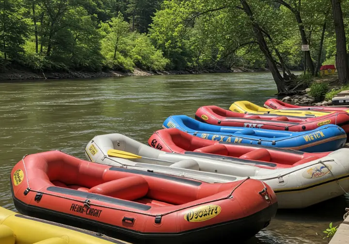 Different rafting outfitter companies' rafts docked on the Kern River.