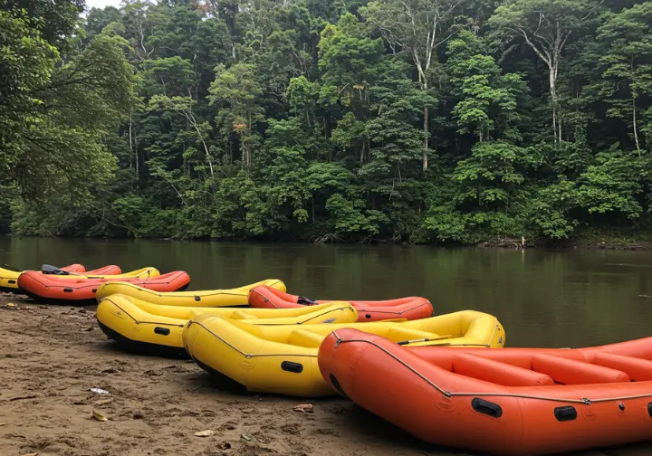 Multiple rafts at the starting point of a Savegre River rafting tour.