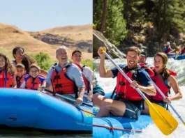 American River water rafting comparison: Split image showing family fun on the South Fork versus extreme adventure on the Middle/North Fork.
