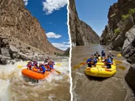 Buena Vista Colorado rafting comparison: Split image showing moderate rapids in Browns Canyon versus intense rapids in The Numbers section.