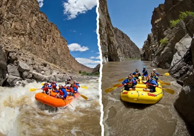 Buena Vista Colorado rafting comparison: Split image showing moderate rapids in Browns Canyon versus intense rapids in The Numbers section.