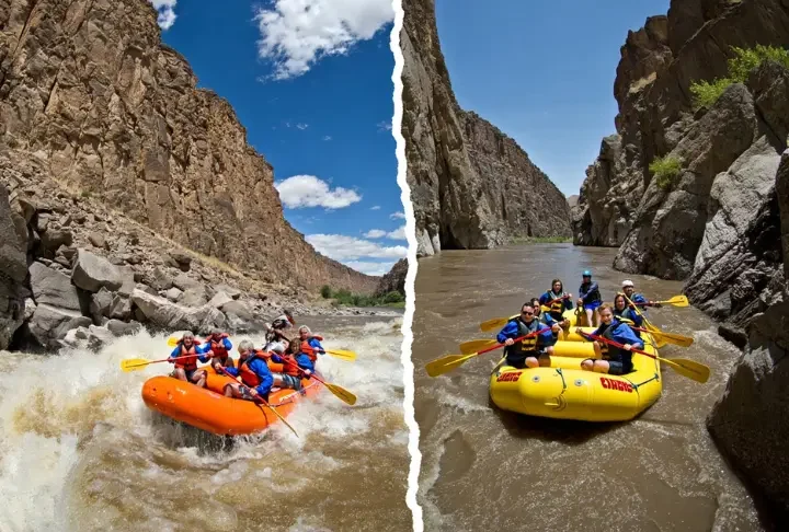 Buena Vista Colorado rafting comparison: Split image showing moderate rapids in Browns Canyon versus intense rapids in The Numbers section.