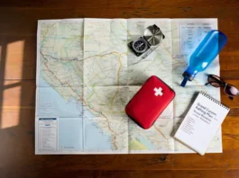 Planning your Grand Canyon rafting tour to avoid mistakes: Map, compass, water bottle, first-aid kit, and checklist laid out.