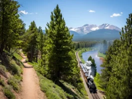 Things to do in Durango, Colorado: View comparing the historic train traveling alongside a hiking trail near the Animas River.