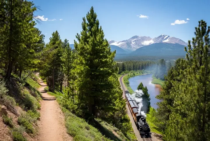 Things to do in Durango, Colorado: View comparing the historic train traveling alongside a hiking trail near the Animas River.