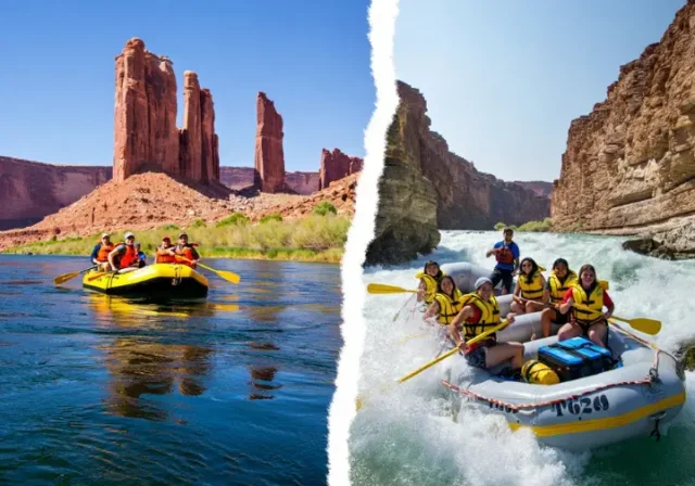 White water rafting Moab comparison: Split image showing a gentle Daily Float near Fisher Towers versus intense rapids in Cataract Canyon.