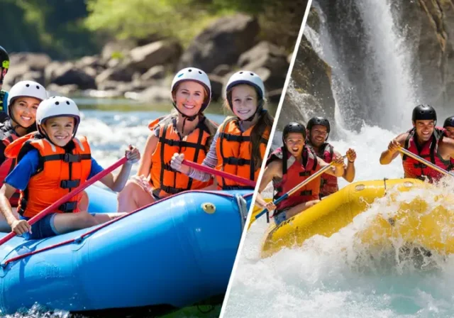 Whitewater rafting Colorado comparison: Split image showing family fun on moderate rapids versus extreme adventure on challenging rapids.