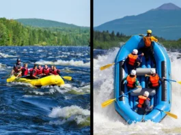 Whitewater rafting Maine comparison: Split image showing moderate Kennebec River rapids versus intense Penobscot River rapids, representing the choice.