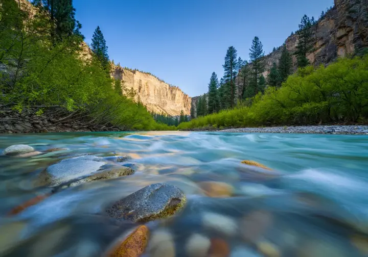 Pristine, clear waters of the Middle Fork Salmon River flowing through a sunlit canyon, representing the magic of the wilderness experience.