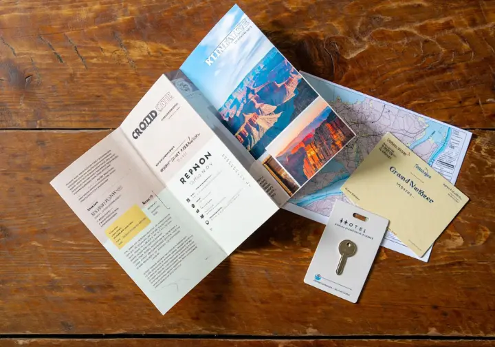 Understanding Grand Canyon packages: Flat lay showing brochure, hotel key, tour voucher, and map representing package inclusions.
