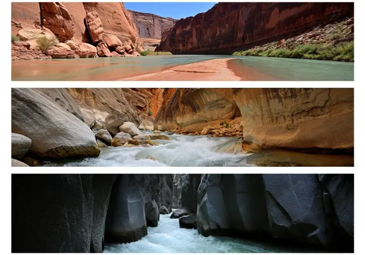 Understanding Moab rafting options: Composite showing the distinct scenery of the Daily Float, Cataract Canyon, and Westwater Canyon sections.