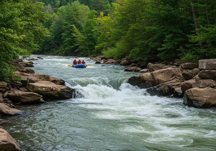 Comparing Ocoee trip adventures: raft navigating challenging rapids on the Upper Ocoee River section.
