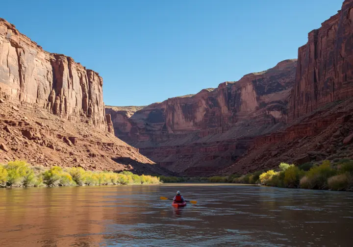 Desolation Canyon wilderness journey: lone kayak floating through the remote and rugged Green River canyon.
