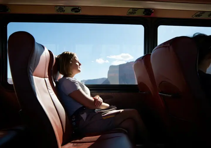 Package pros convenience: Relaxed passenger enjoying Grand Canyon views from inside a comfortable tour bus