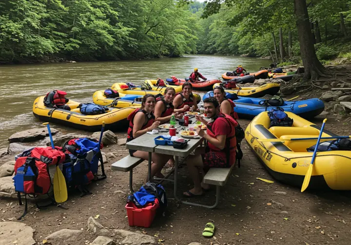 Evaluating Ocoee River rafting companies value: rafters enjoying an included riverside lunch during a trip.