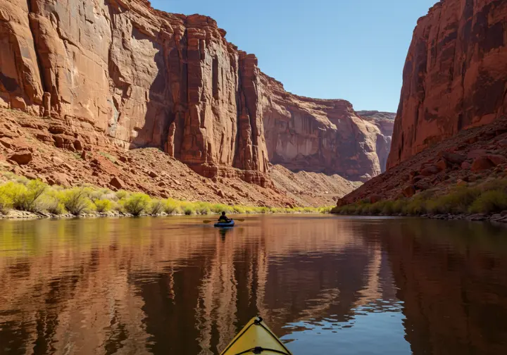 Labyrinth Canyon tranquil float: kayak drifting on calm water reflecting towering red sandstone cliffs.