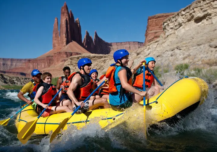 Raft the Colorado River near Moab: Raft navigating rapids on the Moab Daily section with Fisher Towers behind.