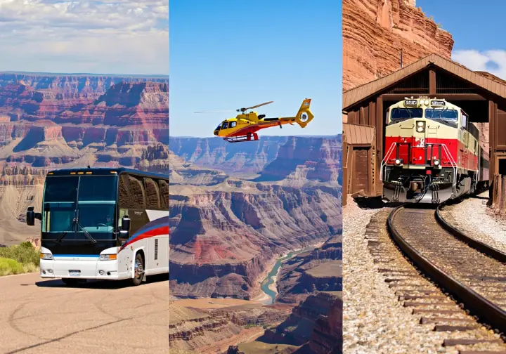 Comparing Grand Canyon package types: Composite showing tour bus, helicopter, and railway train options.