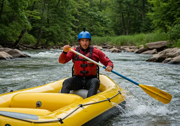 Meeting your expert guides: experienced Ocoee River guide skillfully navigating a raft through rapids.