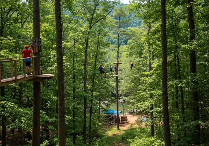 Exploring beyond rapids perks: people enjoying a zipline canopy tour through the forest near the Ocoee River.