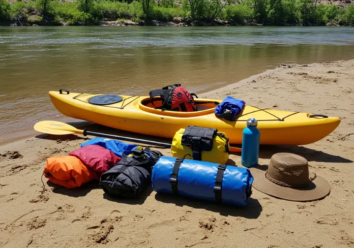 Gearing up for Green River kayaking experiences: essential gear including paddle, PFD, dry bag, and hat on riverbank.