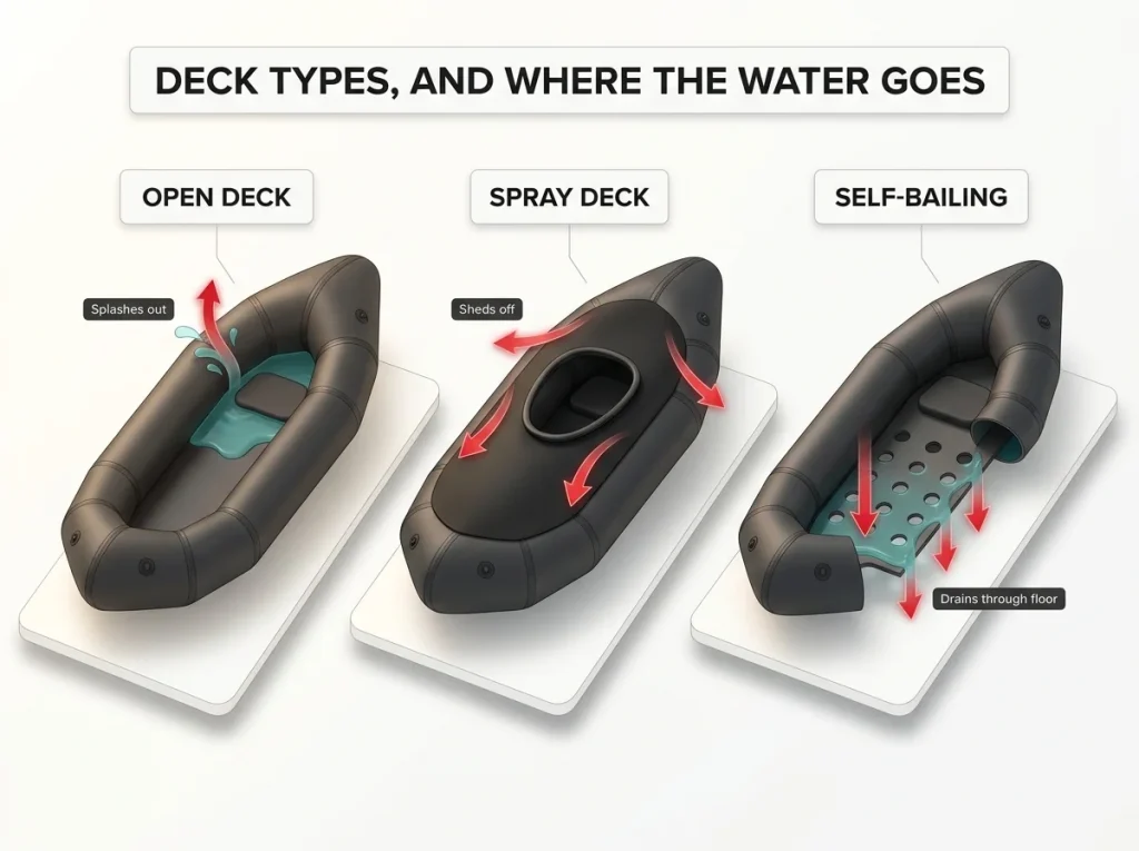 Three-panel cutaway comparing open deck, spray deck, and self-bailing packrafts with arrows showing where water goes