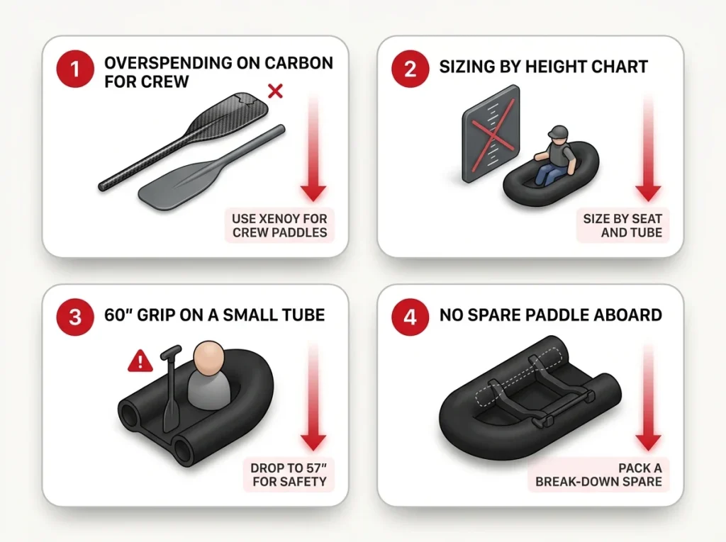 Infographic checklist of 4 rafting paddle buying mistakes paired with fixes including sizing and spare paddle tips