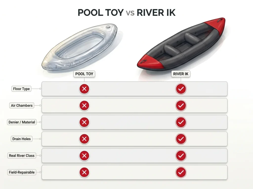 Comparison infographic showing pool toy vs river inflatable kayak across six build specs with check and X marks