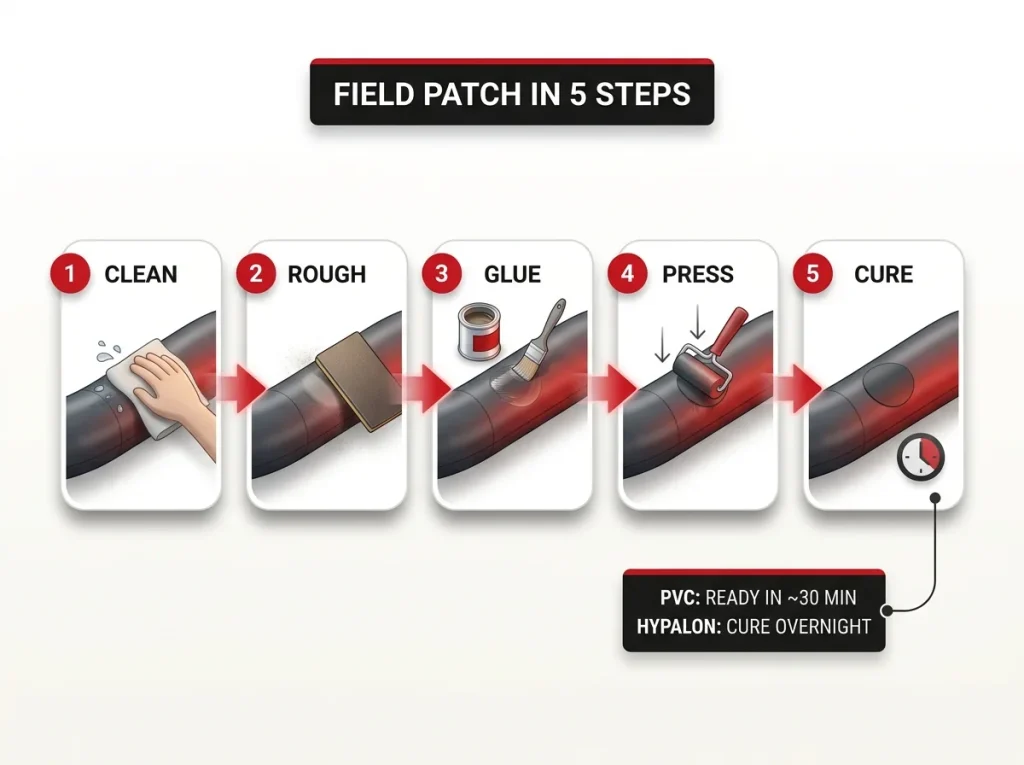Step-by-step infographic of a raft field patch: clean, rough, glue, press, cure with PVC vs Hypalon cure-time callout