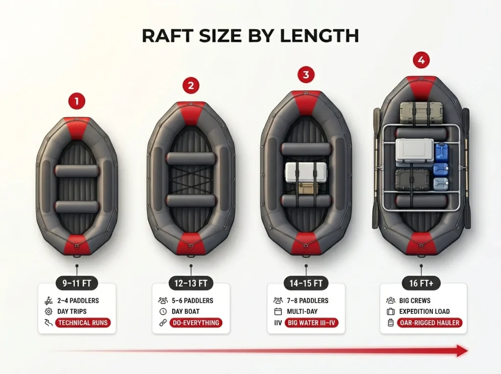 Comparison infographic showing four raft length bands to scale with max paddlers, gear load, and best river use labels