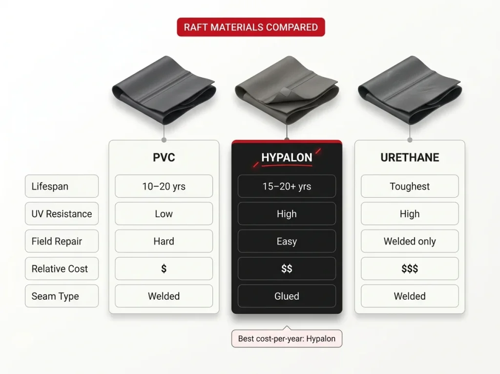Comparison chart of PVC, Hypalon and Urethane raft materials by lifespan, UV resistance, field repair, cost and seam type