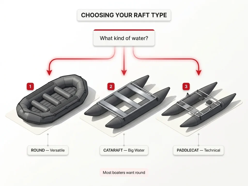 Decision tree infographic comparing round raft, cataraft and paddlecat by use case with labeled branches and arrows