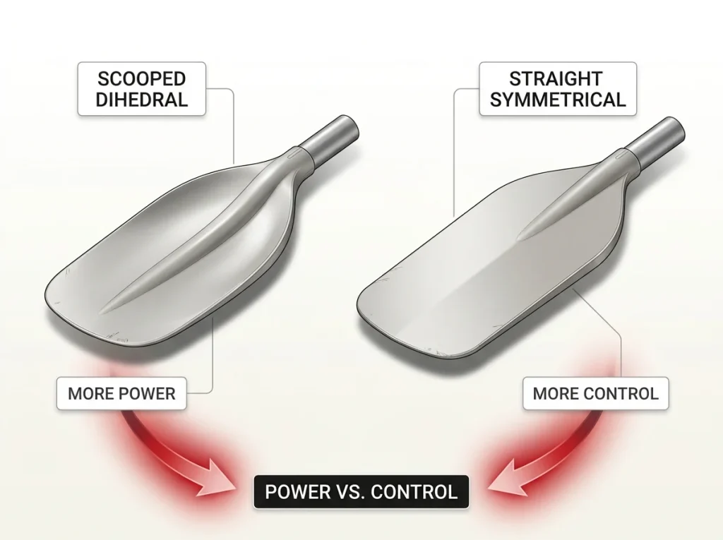 Infographic comparing scooped dihedral vs straight raft paddle blades showing power versus control tradeoff