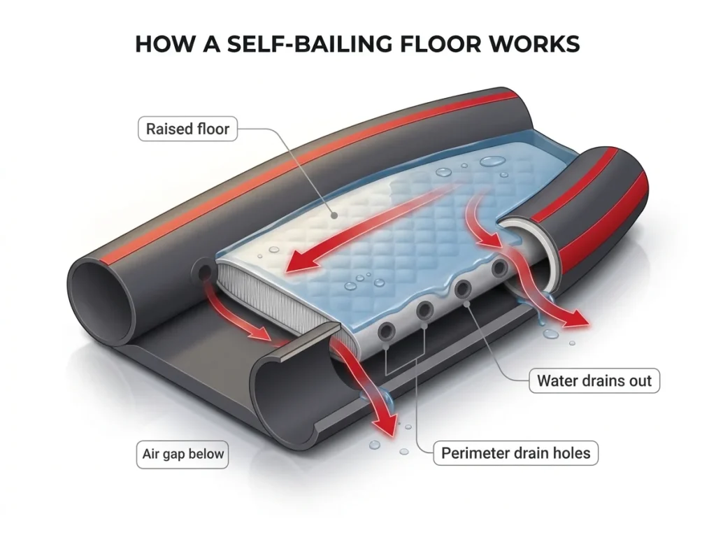 Labeled cutaway cross-section showing how a self-bailing kayak floor drains water through perimeter holes