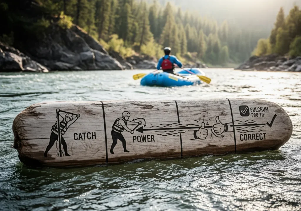 An infographic detailing the three phases of a forward stroke into a pry for whitewater rafting. A single paddler is shown in a raft on a dynamic river. The phases are illustrated on a large, waterlogged piece of driftwood floating alongside the raft, with carved labels "CATCH," "POWER," and "CORRECT," and a single, continuous check-mark shaped line showing the paddle's path.
