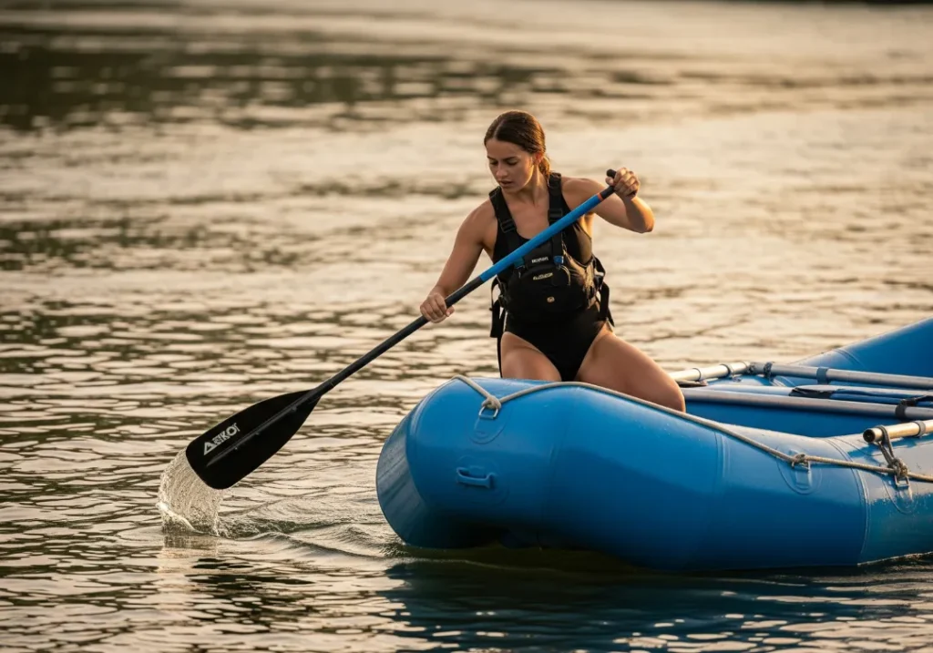 A full-body shot of a skilled female rafter performing an advanced sculling draw to hold her boat on an eddy line during sunset.