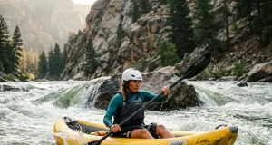 Best Inflatable Kayaks for Rivers We’d Run Paddler running an inflatable kayak through a river wave train on a sunny day