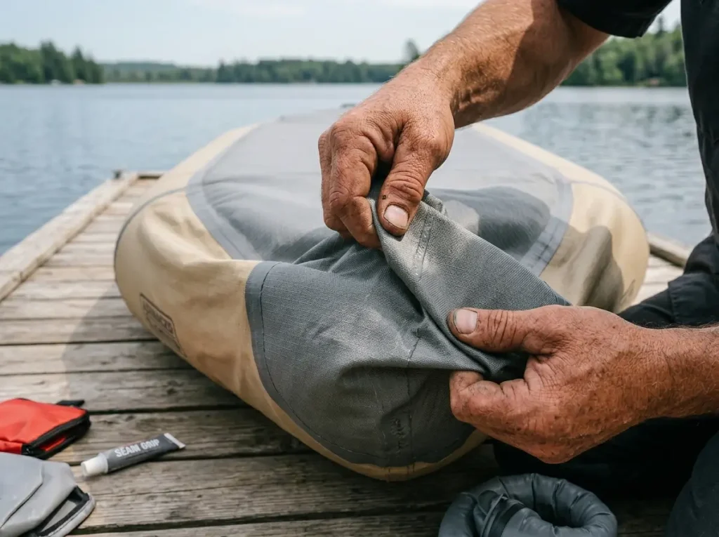 Hands inspecting the reinforced floor and tube seam of a packraft to check denier and construction