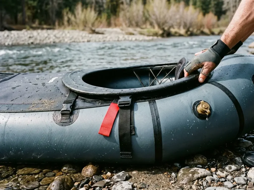 Close-up of a closed spray-deck whitewater packraft cockpit with thigh straps on a riverbank