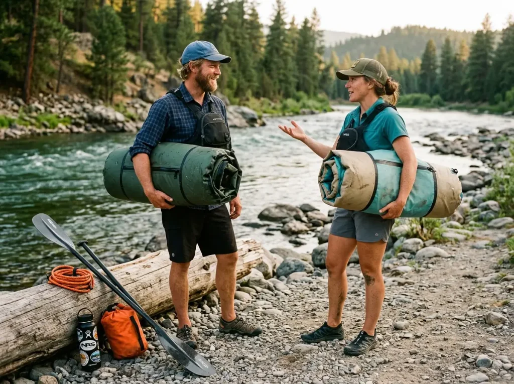 Two paddlers comparing a premium and a budget packraft at a calm river takeout before a Class II run