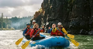 Best Rafting Paddles Without Overpaying for Carbon Rafting crew paddling a blue raft through a wave train holding Carlisle Outfitter paddles