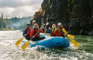 Best Rafting Paddles Without Overpaying for Carbon Rafting crew paddling a blue raft through a wave train holding Carlisle Outfitter paddles