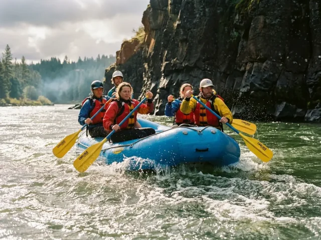 best-rafting-paddles-crew-wave-train Rafting crew paddling a blue raft through a wave train holding Carlisle Outfitter paddles