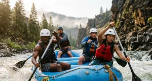 Best Whitewater Rafts for Every River 2026 Paddle crew running a self-bailing whitewater raft through a Class III rapid in morning light