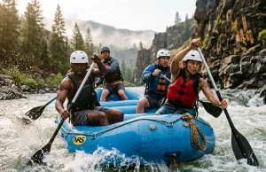 Best Whitewater Rafts for Every River 2026 Paddle crew running a self-bailing whitewater raft through a Class III rapid in morning light