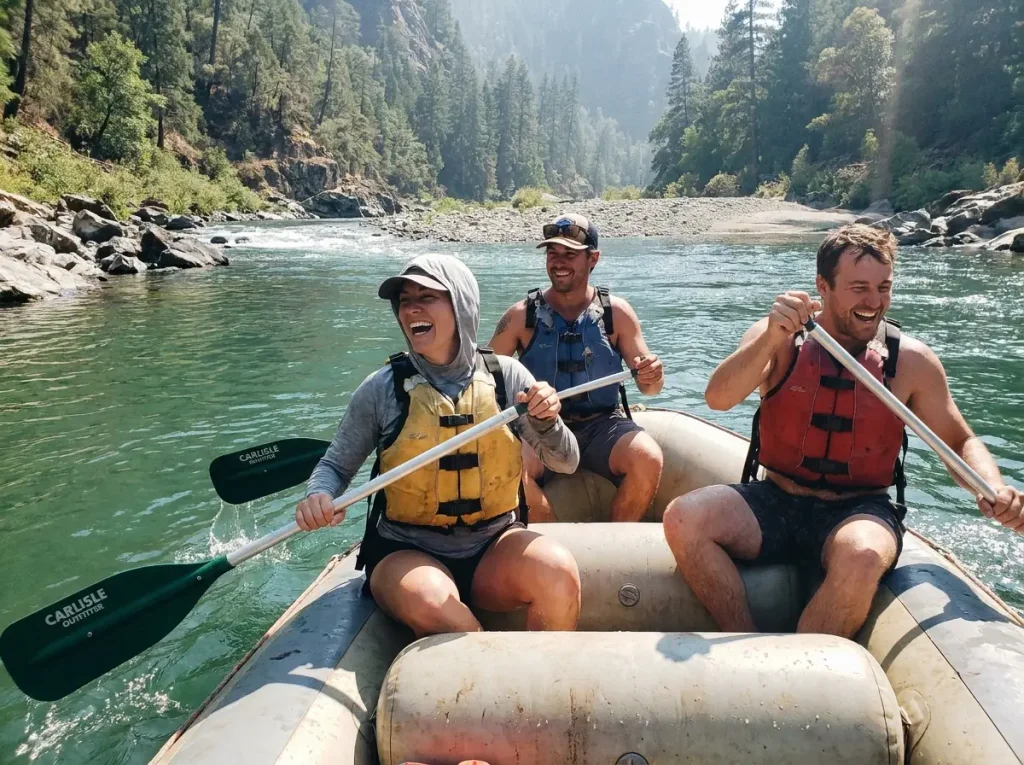 Smiling rafting crew paddling with budget Carlisle Outfitter paddles on calm green water