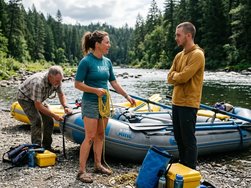 River guide and two boaters discussing raft size beside rigged rafts at a put-in